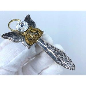 Vintage Artisan Open Work Silver Tone Cherub Angel Spoon Brooch Pin